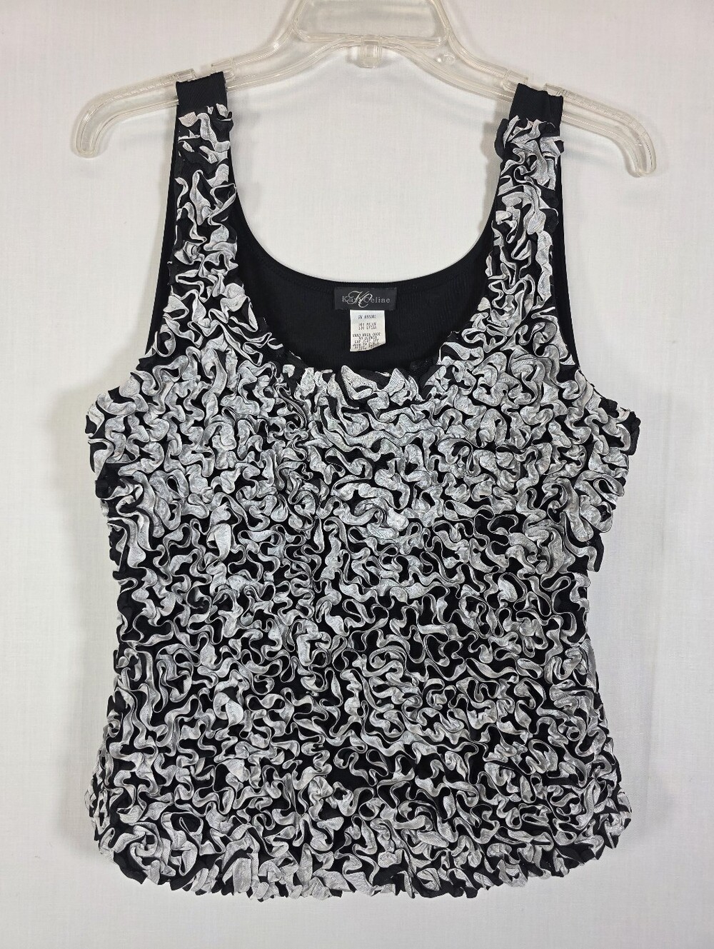 Vintage Karen Celine Silver Black Textured Ruffle Tank Top XL Made in USA Y2K